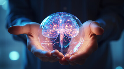 Man holding a brain hologram in his hands, close up of hand and glowing futuristic virtual AI technology with a transparent human head model for smart medical healthcare concept. 