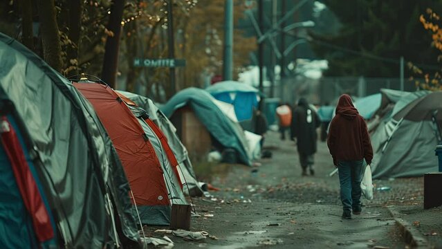 Slowly pushing along a sidewalk in Seattle lined with dilapidated homeless tents as people walk by on a dreary overcast autumn day