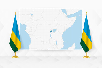 Map of Rwanda and flags of Rwanda on flag stand. - 782020909