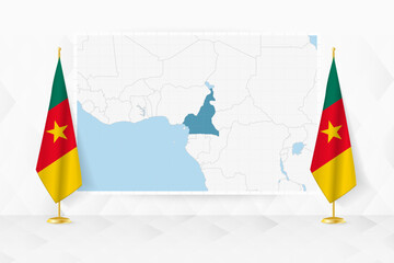 Map of Cameroon and flags of Cameroon on flag stand. - 782020917