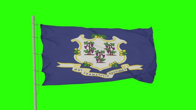 Flag of Connecticut on Green Screen. Isolated flag of United States Connecticut on flagpole fluttering in wind