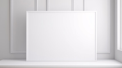 A large white square frame stands on the table, against a light gray wall with white trim. The background has a simple and clean design. There is nothing in front of it except for the frame.