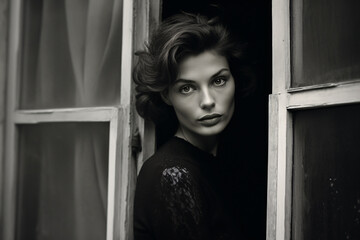 Portrait of the most beautiful woman in her thirties, looking out from behind an open window black...