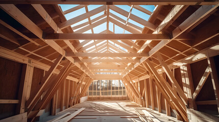 interior view of a wooden house frame under construction , Wooden foundations and columns, future house, preserving the environment, building real estate , dream home, blue sky