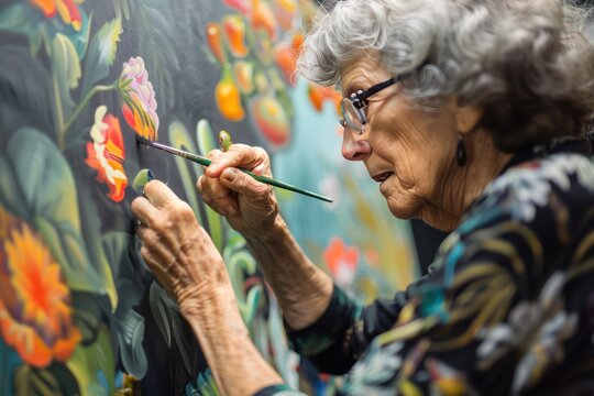 Elderly pensioner woman paints picture with paints and brush. Generative AI