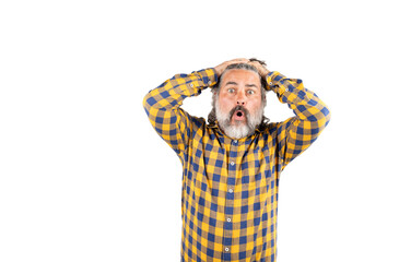 Man makes shocked face with hands above head on a white background