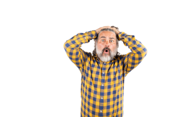 Man makes shocked face with hands above head on a white background