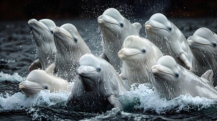 A pod of beluga whales leaping and splashing in the contrasting dark arctic waters their white bodies illuminating the scene in a serene and graceful - obrazy, fototapety, plakaty