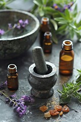 aromatherapy blends, vials of essential oils surrounding a mortar and pestle, showcasing DIY creations