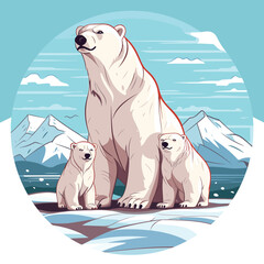 Polar bear with cubs arctic landscape. Vector illustration