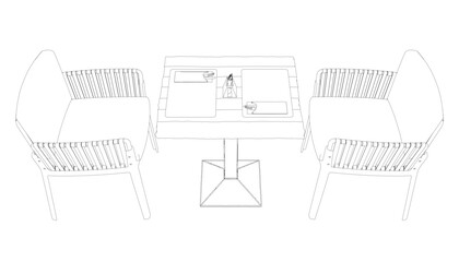 Outline of two chairs and a table with forks, knives and napkins. Side View.