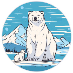 Polar bear with cub arctic landscape. Vector illustration