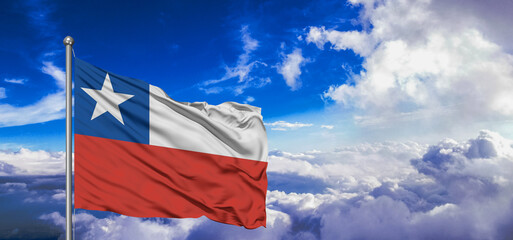 Chile national flag cloth fabric waving on beautiful Blue Sky Background.