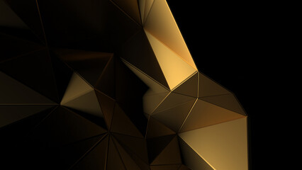 Gold on a dark background. Abstract golden facets highlighted by light on black background. Can be used as a texture or background for design projects, scenes, etc.
