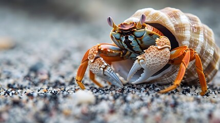 Hermit Crab Selecting New Shell to Call Home Illustrating the Resourcefulness of Marine Life in Close Up with Copy Space - obrazy, fototapety, plakaty