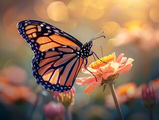 Fototapeta na wymiar Monarch Butterfly Gracefully Lands on Vibrant Flower Facing Habitat Destruction in Nature s Fragile Balance