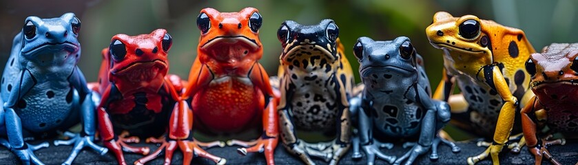 Portrayal of Vibrant Poison Dart Frogs Showcasing Their Diverse Patterns and Colors as a Warning of Toxicity