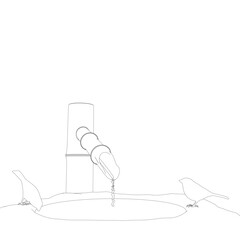 Outline of two birds sitting on a well and drinking water from black lines isolated on a white background. 3D. Vector illustration.