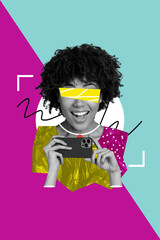 Vertical photo collage of happy american girl hold camera iphone shoot focus blog rec hairdo curls...