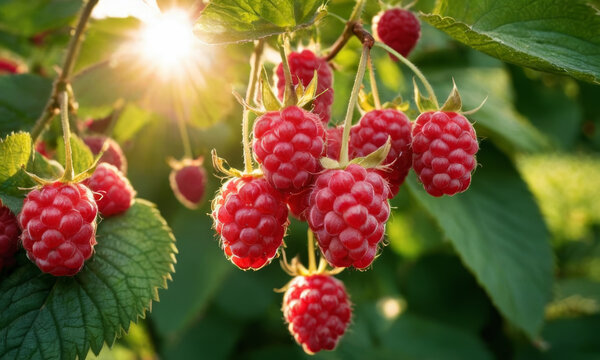 A bush with green leaves and red raspberries,