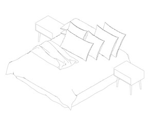 Outline of a sleeping bed with an unmade blanket and pillows from black lines isolated on a white background. Isometric View. Vector illustration. 3D.