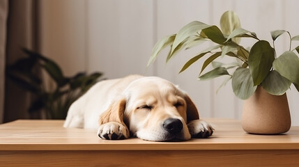 A cute Labrador puppy sleeping on the table, a green plant in a beige vase on the side of a wooden...