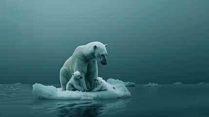 Mama polar bear with her cubs sitting together on a small ice floe in the arctic waters. Sad conceptual picture depicting melting icebergs due to climate change,  global warming and endangered species - obrazy, fototapety, plakaty