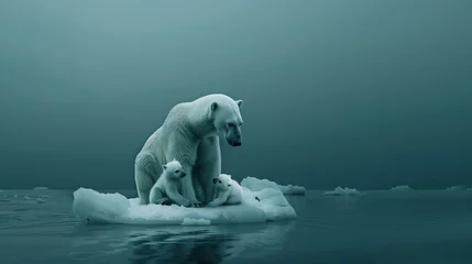 Fototapeten Mama polar bear with her cubs sitting together on a small ice floe in the arctic waters. Sad conceptual picture depicting melting icebergs due to climate change,  global warming and endangered species © SARATSTOCK