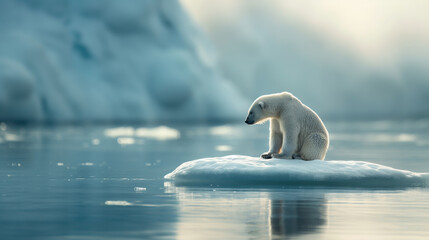 Lonely polar bear sitting alone on a small ice floe somewhere in the arctic waters. Sad conceptual picture depicting melting icebergs due to climate change,  global warming and endangered species. - obrazy, fototapety, plakaty