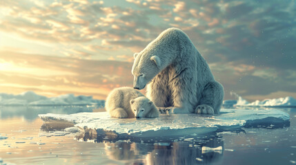 Mama polar bear with her cubs sitting together on a small ice floe in the arctic waters. Sad conceptual picture depicting melting icebergs due to climate change,  global warming and endangered species - obrazy, fototapety, plakaty