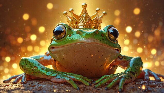 A whimsically detailed image of a green frog with a shiny golden crown, hinting at fables and the surreal