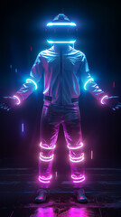 A man wearing a virtual reality headset with neon glowing elements on his body and a dark background