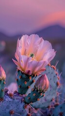 The delicate petals of a cactus flower opening up to reveal its beauty in the desert landscape at twilight