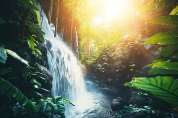 A hidden waterfall cascading through a lush rainforest, sunlight filtering through the vibrant foliage