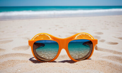 Fototapeta na wymiar An orange on the beach wearing sunglasses.