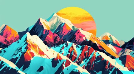 A jagged mountain range in bold pop art colors, contrasting with a bright turquoise sky