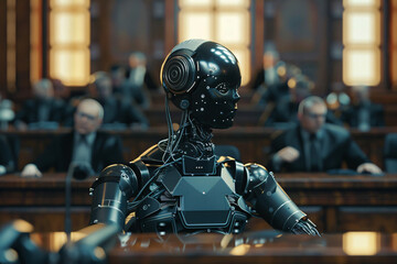 Sovereign AI in court. Conflict between artificial intelligence and human ethics. Sovereign AI stands trial, debate on merging paths of artificial intelligence, human ethics, and the future of law. - obrazy, fototapety, plakaty