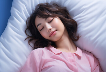 Japanese woman sleeping in bed, wearing pink shirt, white pillow and blue background, close up shot of face with closed eyes, focus on the girl's peaceful expression, soft lighting calm atmosphere