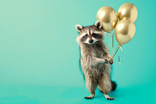 Cute raccoon animal holding a bunch of silver balloons on a bright pastel blue background. Birthday party vibes, vibrant colors.	
