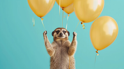 Cute Meerkat holding golden balloons on a pastel blue background. Uplifting and bright background for birthday party, greeting card and best wishes.