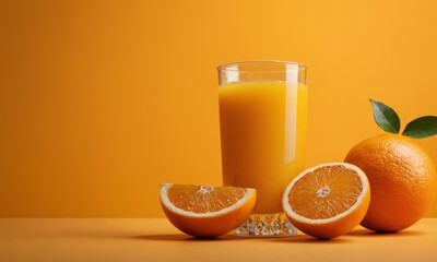 A glass of orange juice surrounded by several oranges, both whole and cut in half. - obrazy, fototapety, plakaty