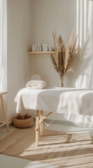 clean lines, neutral colors, a lone figure receiving a focused massage on a simple massage table