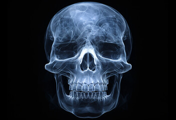  Xray of skull on black background, front view, xray effect, blue glow