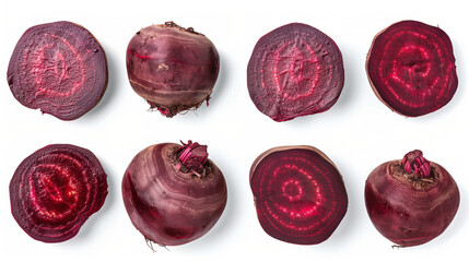 Fototapeta premium Top view of a collection of fresh beetroot isolated on a white background, showcasing the vibrant purple hues and the smooth, earthy texture of this nutritious root vegetable. 
