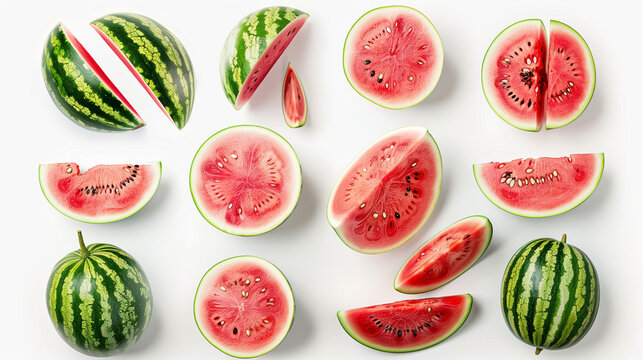 Top view of a vibrant set of fresh watermelon slices isolated on a white background, showcasing the juicy red flesh and contrasting green rind.This image captures the essence of summer with watermelon