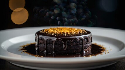 Silky chocolate ganache pouring over a chocolate sponge cake with golden sprinkles on a white plate - obrazy, fototapety, plakaty