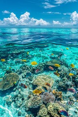 A panorama of a coral reef teeming with colorful fish, visible even from a distance through