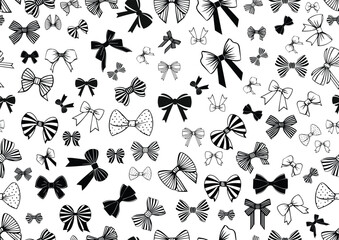Vector illustration background showcasing a seamless pattern of black and white line art depicting various types of bows for men.