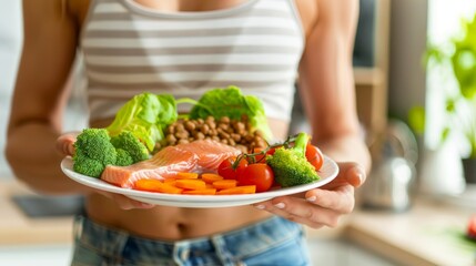 Young woman after a workout with a plate of healthy salad. The concept of fitness and healthy lifestyle.