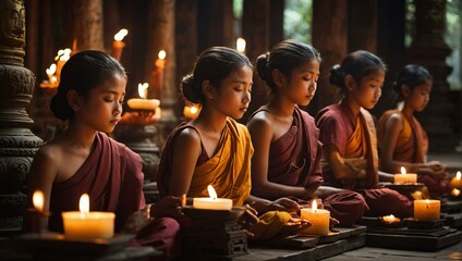 Group of young monks in traditional saffron robes meditating peacefully with lit candles in a serene temple setting - obrazy, fototapety, plakaty